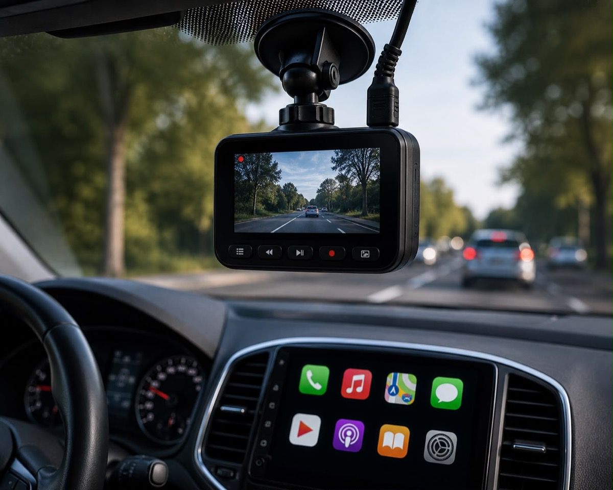 Dashcam gemonteerd achter de voorruit